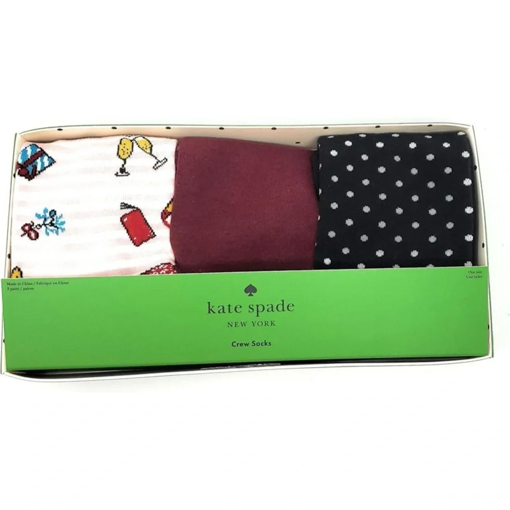 KATE SPADE 3 PAIR PACK COTTON BLEND CREW SOCKS MULTI PATTERN OS NWT